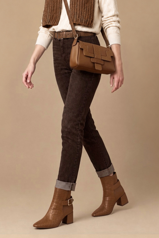 Dress ankle boots back buckles in caramel brown leather with medium block heels and square toe - Worn view